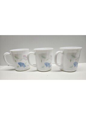 Arcopal France Chloe Mugs Set (3) Blue Pink Flowers Pretty Opal Milk Glass